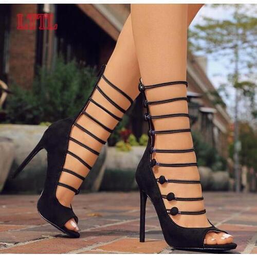 Fashion Suede Leather Women Peep Toe Ankle Boots 2017 Summer Hot High Heel Strappy Boots Zipper Back Female Stiletto Boots