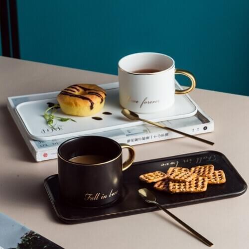 Letter Print Mugs Set Creative Rectangular Coffee Cup and Saucer Set Afternoon Tea Cutlery with Tray Spoon Ceramics Simple Mugs