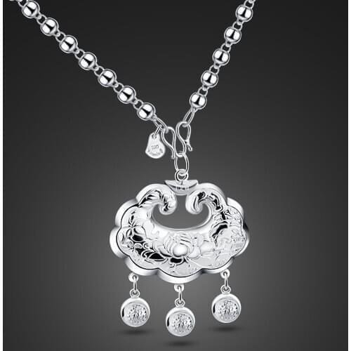 National style 100% 925 Sterling Silver Fashion Lotus Necklace Woman Shofar Lock Pendant Choker Jewelry Gift