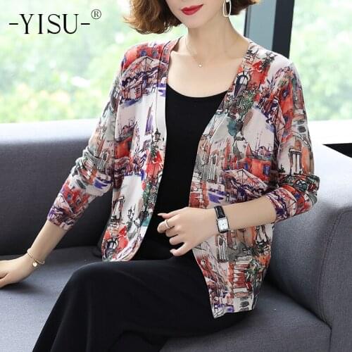YISU 2020 Antumn Winter New Cardigan Women Long Sleeve V Neck Knitted Sweater Knitwear Fashion Printed cardigan Women