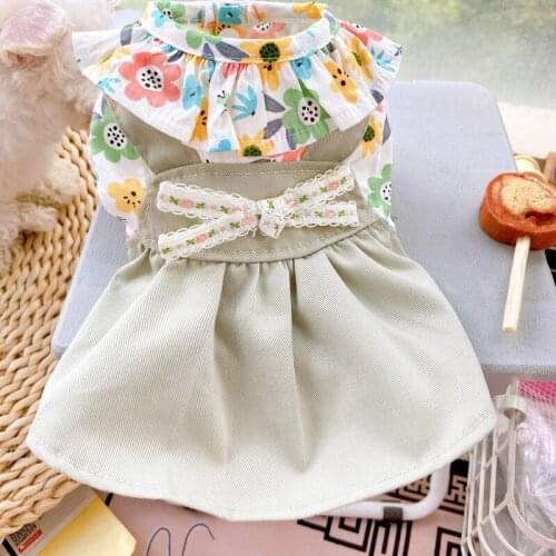 Dog Cat Dress Bow Princess Fold Lace Collar High Waist Small Floral Skirt Puppy Dress for Pets