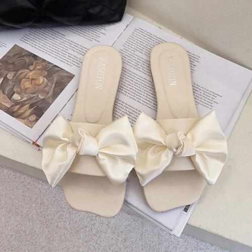 Women Fashion Designer Sweet Silk Bowknot Retro Wine Red Ladies Slippers Summer Flat Slides Home House Sexy Beach Shoes