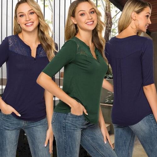 Summer Women Green Blouse V Neck Lace Shirts 3/4 Sleeve Sexy Hollow Out Tunic Tops Casual Loose Solid Office Blusas S-2XL