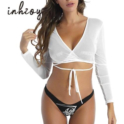 Women See-through Mesh Crop Top Sexy Transparent Pole Dancing Top Long Sleeve Sheer Cropped T-shirt Clubwear