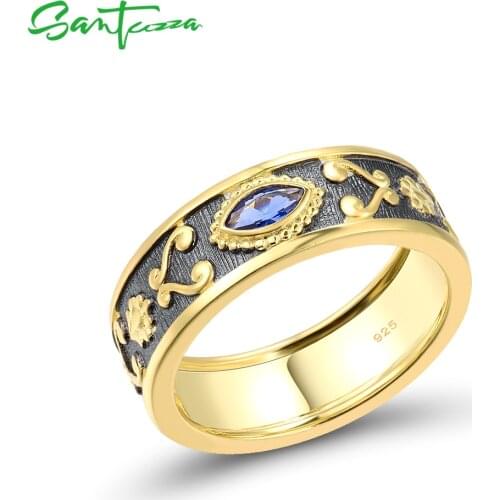 SANTUZZA Pure 925 Sterling Silver Rings For Women Marquise Eye Shape Blue CZ Yellow Gold Plating Luxury Gifts Party Fine Jewelry
