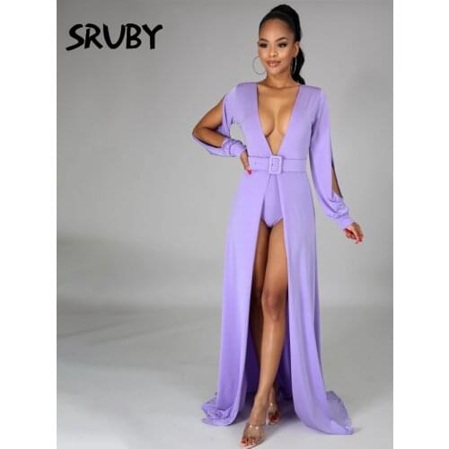 SRUBY V Neck High Split Party Dresses Women Lace Up Long Maxi Dress Nightclub Bodycon Clothing Ladies Fashion Dresses