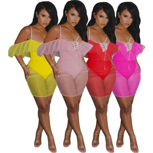 ZKYZWX Summer Mesh Sheer Bandage Bodysuit Birthday Outfits for Women Sexy Festival Clothing One Piece Night Clubwear Rompers