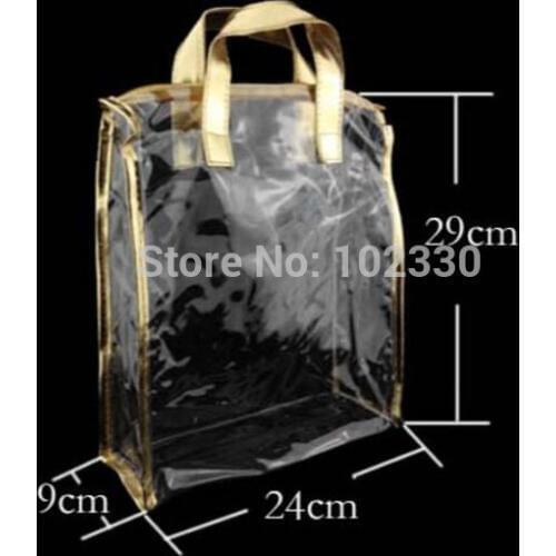100pcs Golden Clear PVC Cosmetic Bag Sale Promotion Shampoo Shower Gel Packing Bag Toys Packaging PU Gift Bag