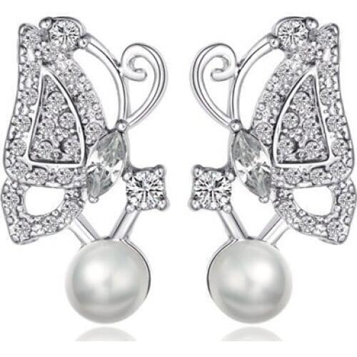 2017 fashion jewelry accessories Austrian crystal butterfly earrings pearl earrings Free shipping -402