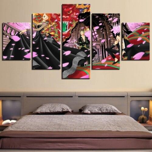 5 Pieces One Piece Canvas Painting Luffy Sauron Posters Banquet Pictures Nami Girl Wallpapers For Home Room Decor Cherry Blossom