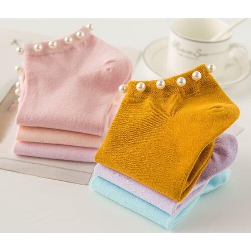 AECU 5 Pairs Women Short Socks Set Cotton Pearl Socks Mid-high Cute Female Girls Ankle Boat Socks Slippers Calcetines for Woman
