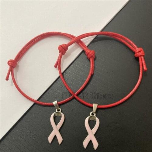 2Pcs Breast Cancer Awareness Hope Bracelet Set For Women Pink Ribbon Charm Leather Rope Wrap Bangle Friend Handmade Jewelry