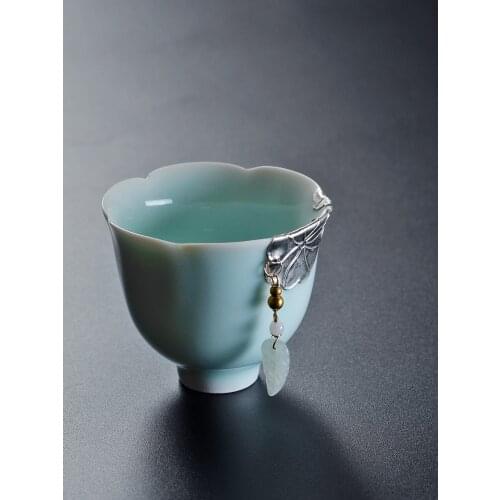 Japanese Style Teacup Ceramic Master Cup Flower Shape Handmade Inlaid Silver Tin Pendant KungFu Tea Set Home Office Drink Cup