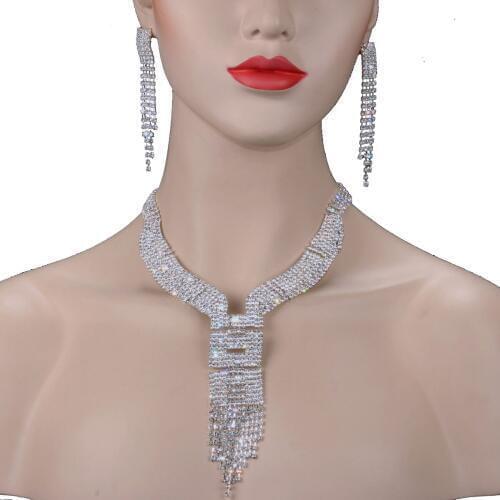 Chran Long Tassels Rhinestone Necklace Earrings Set for Women Promotion Silver Plated Costume Bride Wedding Jewelry Set