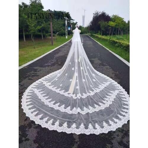 Real Photos 2 Layers Sequins Lace 5 Meters Cathedral Woodland Wedding Veils with Comb 5M Long White Ivory 2 T Bridal Veils