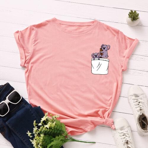 Womens Graphic Tees Cotton Short Sleeve Crew Neck Loose T Shirt Plus Size Tops Female Summer Casual Clothes Cute Pocket Koala