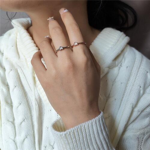 Trendy 925 Sterling Silver Rings Girls Jewelry Vintage Crystal Heart Women Finger Ring Gold Accessories Open Female Rings Bijou