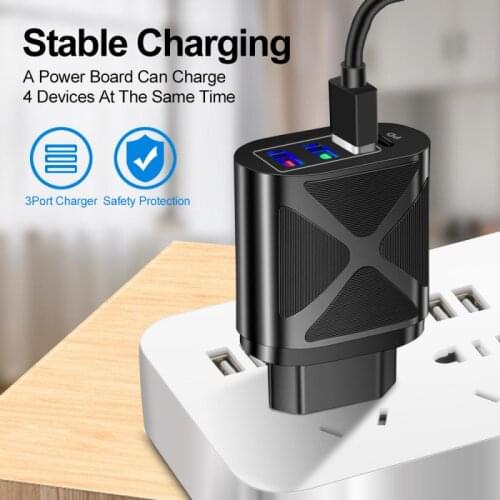 2021 New 3.1A Multi Ports 3USB+PD Mobile Phone Charger EU US UK Plug Adapter Portable Charger Fireproof USB Charger For Travel