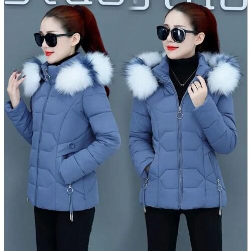 2021 New Winter Jacket Women Parkas Faux Fur Collar Hooded Jacket Female Down Cotton Jacket Short Parka Outwear Lady Overcoat