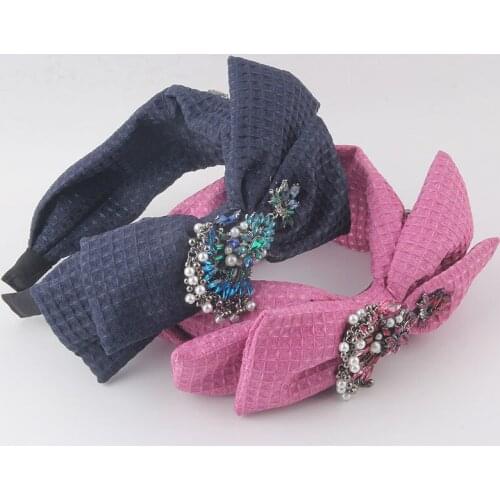 Checked Bowknot Pearl Water Drop Tassel Headband New Fashion Korean Fabric Bowknot Inlaid Hair Accessories Headdress 908