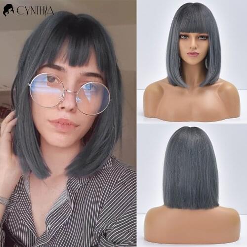 Ombre Black To Grey Daily Short Straight Synthetic Wigs For Black White Women With Bangs Daily Heat Resistant Hair Bob Wig