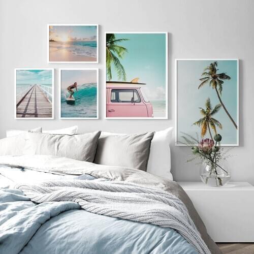 Ocean Beach Landscape Canvas Poster Surfing Girl Art Print Nordic Style Painting Wall Picture For Living Room Modern Home Decor