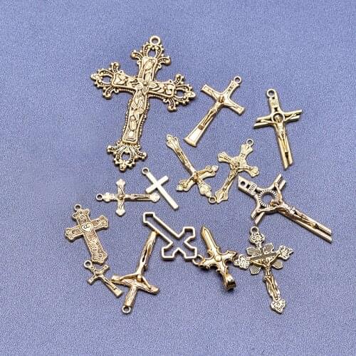14pcs/Lot Cross Pendants For Jewelry Findings Making Accessories Necklace Charms Earrings Handmade Gold Color Supplies Women Men