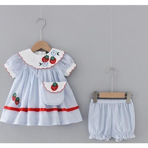 Girls O-neck Short Sleeve Strawberry Embroidery Casual Tops+Shorts 2PCS Clothing Sets Baby Girl Clothing Sets