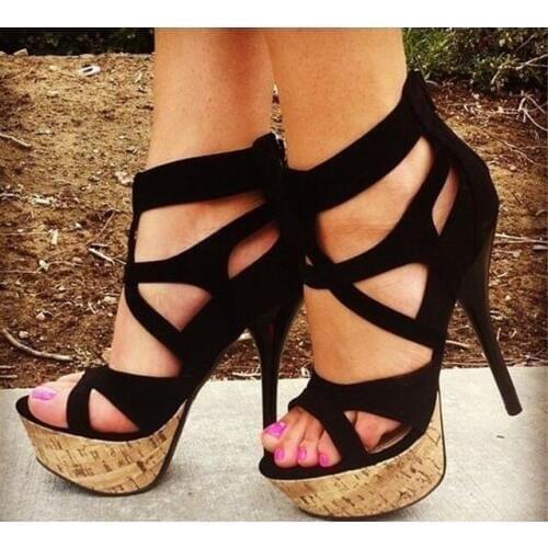 Drop Shipping Sexy Woman Black Wood Grain Cuts Out Suede Zip Back Thin Heels Platform High Heel Sandals Party Dress Shoes Lady