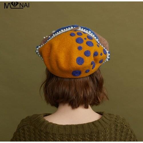 Hat Handmade Wool Felt Elegant Ladies Beret Autumn Winter Warm Creative Pearl Contrast Color Hats Street Fashion