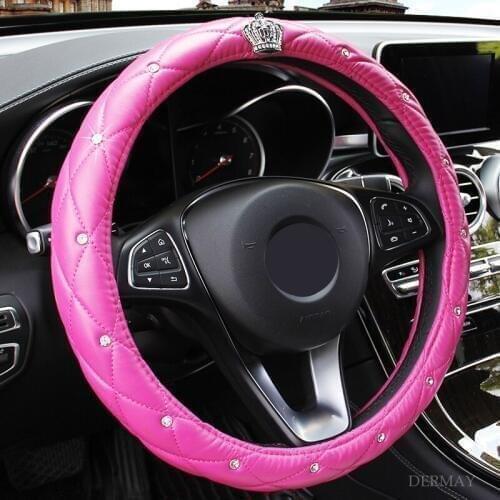5Color Upscale Crystal Crown Coverd Women Car Steering- Wheel Braid Luxury Diamond PU Leather Steering Wheel Cover Diameter 38cm