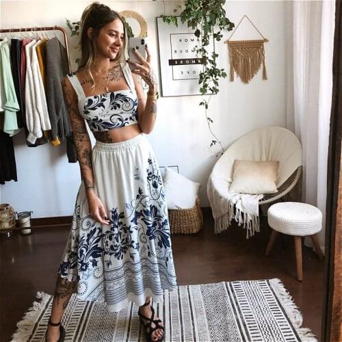 2021 New Two Piece Set Women Summer Skirt Sets Floral Print Cropped Tank Tops and A-line Long Skirt Bohemian 2Pcs Sets Female