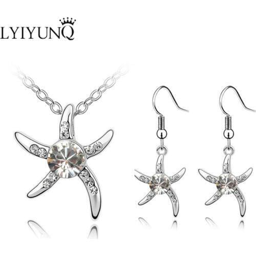 LYIYUNQ 925 Sterling Silver Romantic Long Earrings Pendant Necklace Bijoux Jewelry Round Crystal Starfish Jewelry Sets For Women