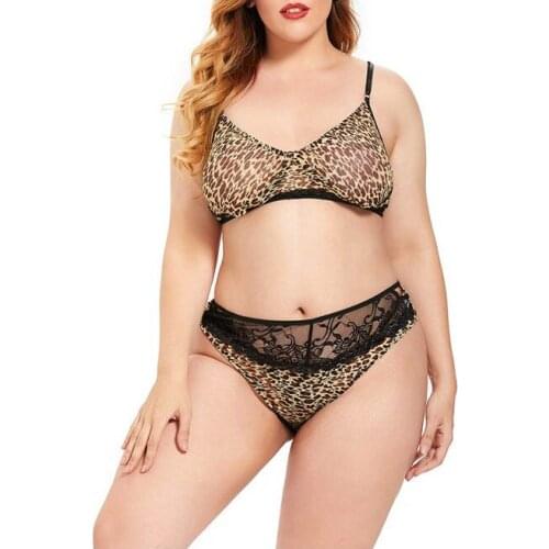 2021 YED Plus Size Underwear Sexy Back Cross Bra Lace Bralette Two Piece Mesh Leopard Lingerie Set