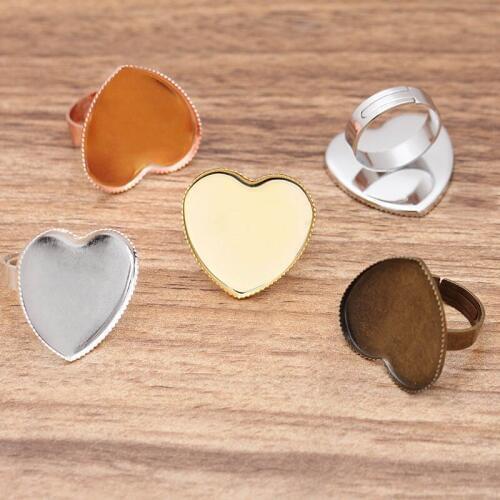 200pcs Adjustable Ring Settings Bases with 25mm Heart Bezel Resin Cabochons Womens Rings Findings DIY Making Multi-color Plated