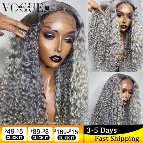 250 Density Deep Wave Frontal Wig Long Grey Colored Lace Front Human Hair Wigs Brazilian Virgin Curly Human Hair Lace Front Wig