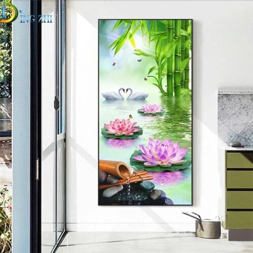 5D DIY Diamond Painting Bamboo, Lotus,Swan Lake Full Square Drill Rhinestone Diamond Embroidery Landscape Mosaic Kits Home Decor