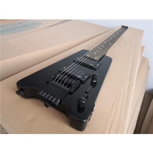 Free shipping custom 6 string black guitar,headless guitar, 24 frets, HH pickups,black bridge,basswood body,maple neck