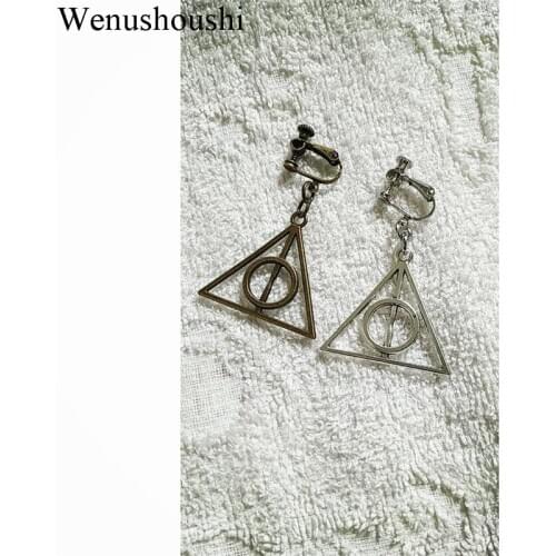 Without piercing Magic School death hallows clip on Earrings women vintage Cosplay triangle geometric clip earring Accessories