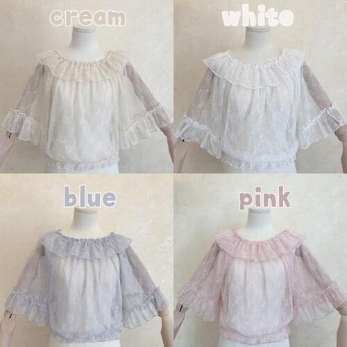 Lolita Blouse Kawaii Half Sleeve Shirt Japanese Lace Mesh Tops Women 2021 Summer Flying Sleeve Top Shirt For Girls Streetwear