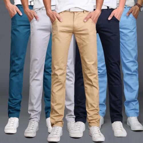 2021 Spring Summer Casual Solid Color Men Button Cotton Straight Long Pants Pockets Business Trousers Office Male Slim Pants