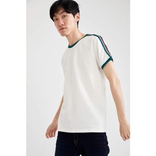 DeFacto Spring Man Tops & Tees Stripe Detailed Slim Fit Crew Neck Cotton T-Shirt Streetwear Mens Male Fashion-T1638AZ21SP