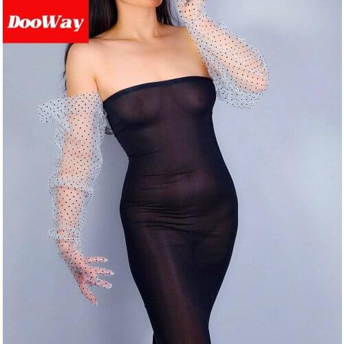 DooWay Super Long Tulle Sheer Gloves Tech Touchscreen Lace Big Polka Dot Oversize Plus Size (White+black dot)