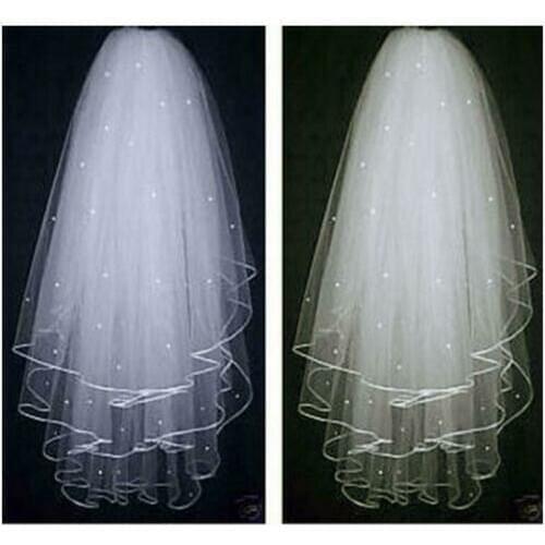 Fingertip Lenght 3T White/ Ivory Tulle Pearl Wedding Bridal Veil With Comb