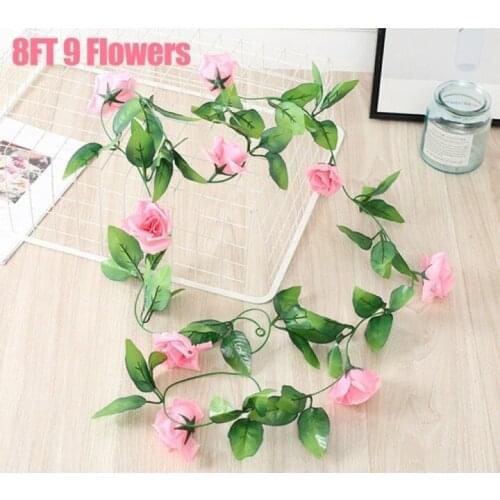 Artificial Rose Garland 9 Flowers 8Ft Artificial Silk Rose Flower Hanging Garland Wedding Garden Decor