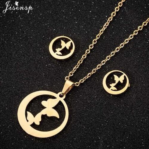 Jisensp New Fashion Lovely Butterfly Stainless Steel Jewelry Sets Hollow Round Butterfly Necklace Earrings for Women Girls Gift