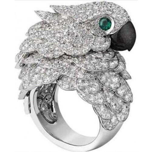 Parrot Head Pattern Ring Silver Color Thick Band Full Crystal Accessories Birds Design Animal Style Jewelry Bohemia Type Gifts