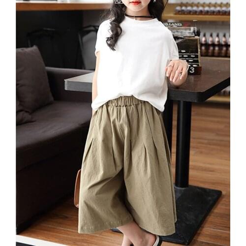 Summer Girls' Clothes Sets Korean Simple Solid Color Short-Sleeved Wide-Leg Pants Big Kids ChildrenS Clothing For Teens 4-13Y