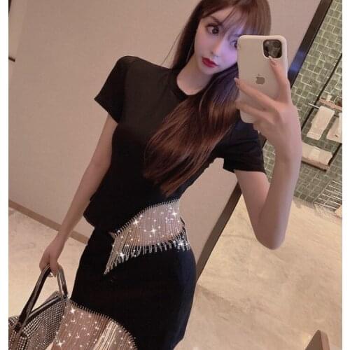 2021 summer New fashion Acrylon tassel sexy sparkling slim short sleeve T shirt / irregular skirt women two piece set women suit