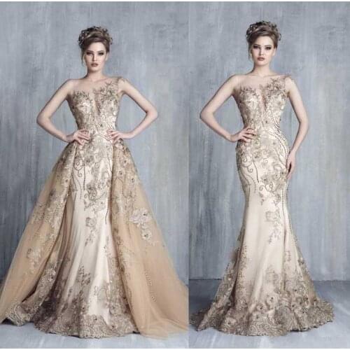 Tony Chaaya 2019 Evening Dresses With Detachable Train Champagne Beads Mermaid Prom Gowns Lace Applique Luxury Party Dress robes